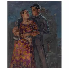 Antonio Gómez Rodríguez, Pareja frente al ferrocarril, ca. 1930, Óleo sobre tela