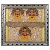 Rodolfo Morales, Caritas, Collage de textiles, papeles, imágenes y aplicaciones de listones sobre papel con marco de hojalata repujado