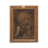 Anónimo, Virgen del Carmen entregando escapulario con monograma mariano a Santo y Niño Jesús entregando corona de olivo a mártir, Óleo sobre tela