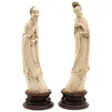 Dama Oriental y Sabio, CHINA, PRINCIPIOS DEL SIGLO XX, Tallas en marfil esgrafiado y entintado con bases de madera. Incluyen sinogramas en la parte inferior