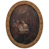 Nacimiento de Jesús, MÉXICO, SIGLO XVIII, Óleo sobre tela. Con la inscripción en filacteria: “GLORIA IN EXCELSIS DEO, & IN TERR