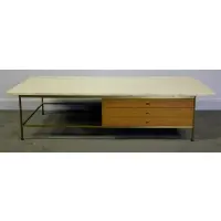 Paul McCobb, for Calvin Irwin Platform Coffee Table, Travertine top with three drawers on brass frame base