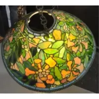 Tiffany Studios, Leaded Glass Chandelier, Trumpet vine with mottled orange dichroic glass