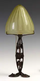 Daum Nancy, Art Deco Lamp with Acid Cut Back Shade & Wrought Iron Base
