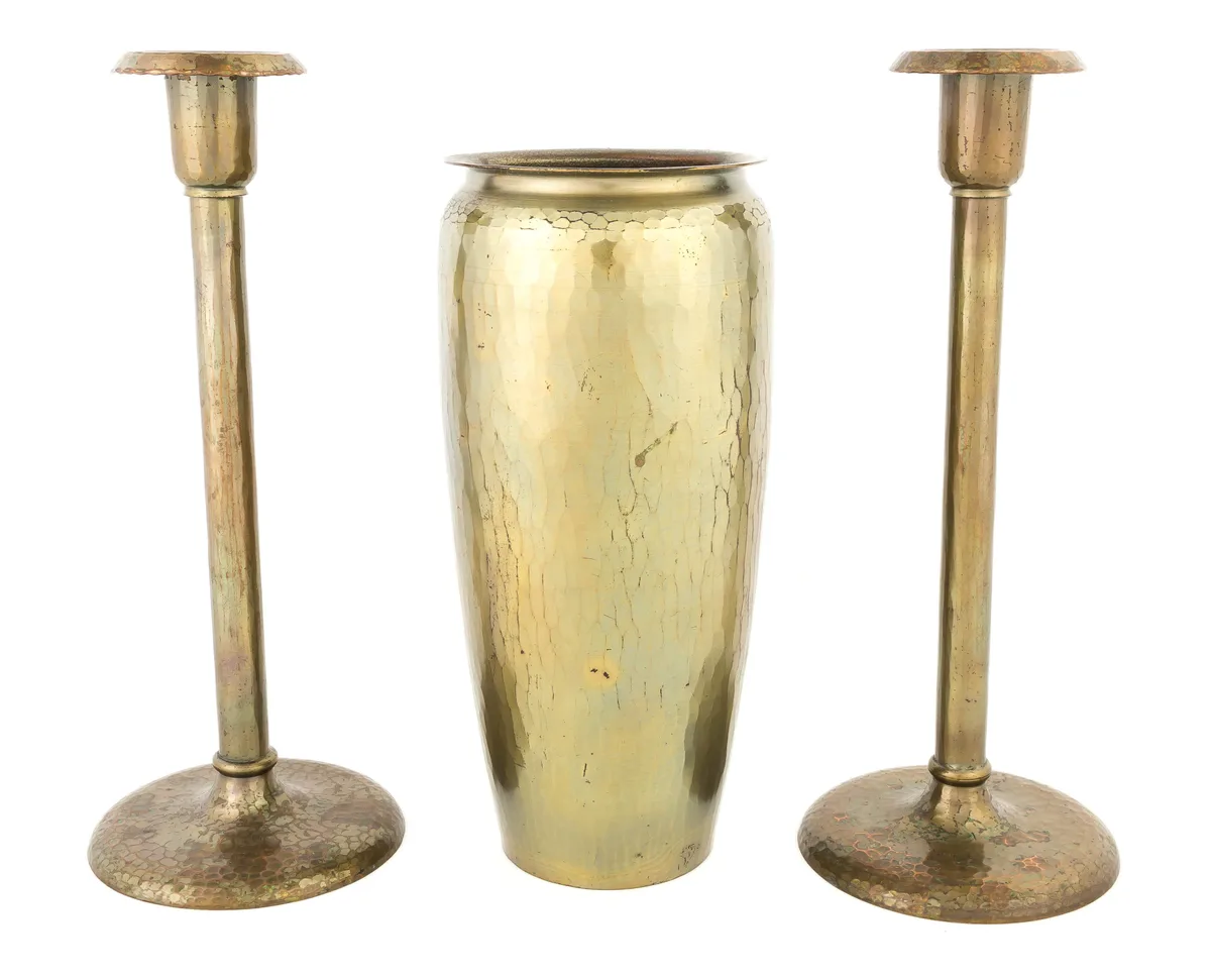 Hammered Copper Candlesticks and Vase by Roycroft, sold Nov 2017