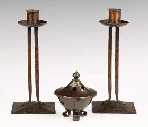 Hand Hammered Copper Candlesticks and Incense Burner by Roycroft, sold May 2017