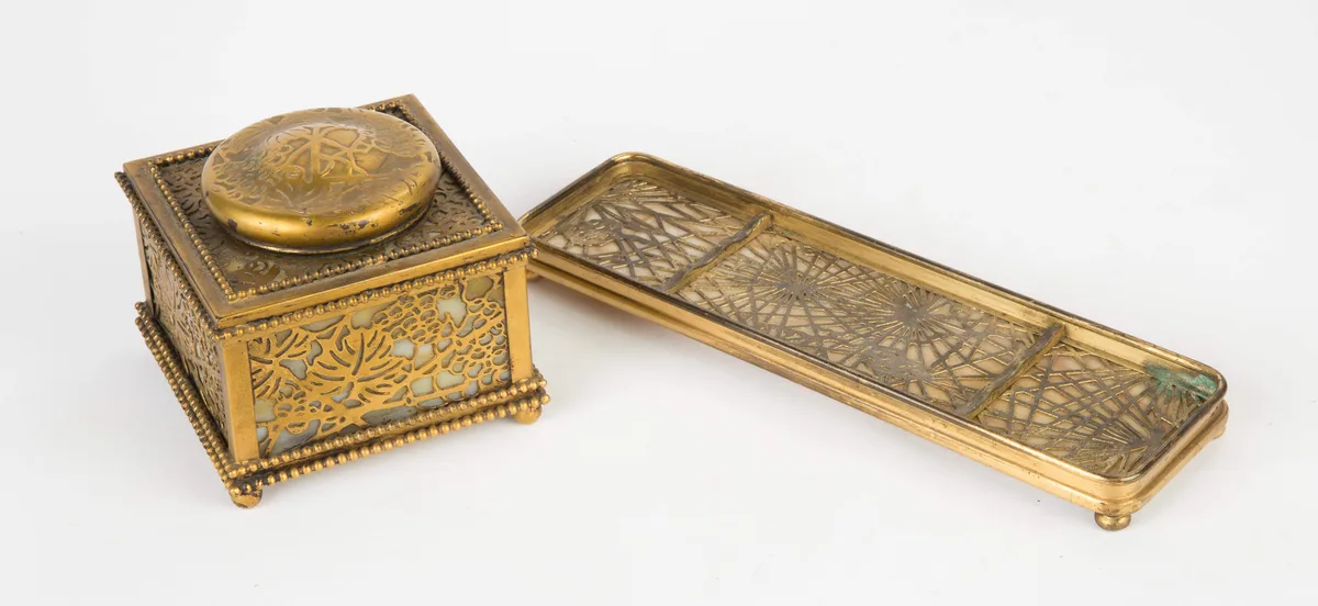 Grape Leaf Inkwell and Pine Needle Pen Tray by Tiffany Studios, sold Nov 2017