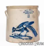 New York Stoneware Co., 3 Gal. NEW YORK STONEWARE CO. / FORT EDWARD, NY Stoneware Crock w/ Elaborate Bird, circa 1875, Stoneware