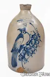 New York Stoneware Co., Scarce NEW YORK STONEWARE CO. / FORT EDWARD, NY Stoneware Syrup Jug w/ Elaborate Bird, circa 1875, Stoneware