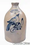 New York Stoneware Co., Scarce NEW YORK STONEWARE CO. / FORT EDWARD, NY Stoneware Syrup Jug w/ Bird Decoration