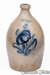 John Burger, 2 Gal. JOHN BURGER / ROCHESTER Stoneware Jug w/ Slip-Trailed Floral Decoration, circa 1860, Stoneware