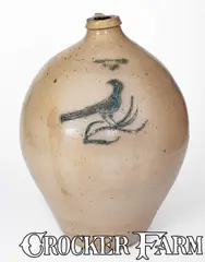 C. Boynton, Rare C. BOYNTON / TROY Ovoid Stoneware Jug w/ Incised Bird Decoration, circa 1830, Stoneware