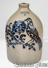 J. & E. Norton, Exceptional J. & E. NORTON / BENNINGTON, VT Stoneware Jug w/ Elaborate Bird and Floral Decoration, circa 1855, Stoneware