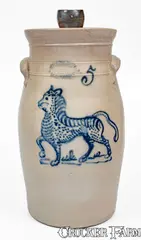 J. Burger Jr, Outstanding J. BURGER JR. / ROCHESTER Stoneware Churn w/ Elaborate Cat Decoration, circa 1885, Stoneware