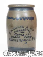 E. J. MILLER & SON / ALEXANDRIA, VA Stenciled Stoneware Advertising Jar, Greensboro, PA origin by E. J. Miller & Son, circa 1875, Stoneware, sold Apr 2025