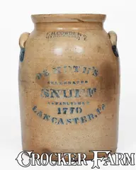 F.H. Cowden, DEMUTH'S SNUFF, LANCASTER, PA Stoneware Crock by F. H. COWDEN / HARRISBURG, circa 1880, Stoneware