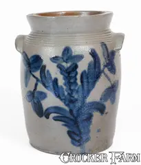 B.C. Milburn, Extremely Rare B.C. MILBURN / ALEXANDRIA, D.C. Stoneware Jar w/ Elaborate Cobalt Floral and Potted Flower Motifs, c1840, c1840, Stoneware
