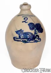 F. Stetzenmeyer, Extremely Rare F. STETZENMEYER / ROCHESTER, N.Y. Stoneware Jug w/ Cat Decoration, circa 1855, Stoneware