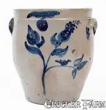 Morton & Sheldon, Very Rare MORTON & SHELDON / JORDAN, New York Stoneware Jar w/ Cobalt Floral and Bird Motif, circa 1840-1845, Stoneware