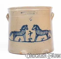A.O. Whittemore, Exceedingly Rare A.O. WHITTEMORE. / HAVANA, N.Y. Stoneware Crock w/ Cobalt Horses Decoration, circa 1870, Stoneware