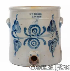 S. T. Brewer, Rare S.T. BREWER / HAVANA, NY Four-Gallon Stoneware Water Cooler, c1853-59, c1853-59, Stoneware