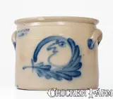 Rare COWDEN & WILCOX / HARRISBURG, PA Stoneware Cake Crock w/ Man-in-the-Moon Decoration by Cowden & Wilcox, circa 1865, Stoneware, sold Nov 2024