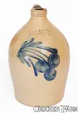 Cowden & Wilcox, Rare COWDEN & WILCOX / HARRISBURG Stoneware Jug w/ Cobalt Cherries Decoration