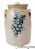 Rare and Fine Three-Gallon COWDEN & WILCOX / HARRISBURG, PA Lidded Stoneware Grapes Jar by Cowden & Wilcox, circa 1865, Stoneware, sold Nov 2024