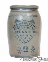 Jas. Hamilton & Co., JAS. HAMILTON & CO. / GREENSBORO, PA Stoneware Jar w/ Stenciled Shield Motif, circa 1875, Stoneware