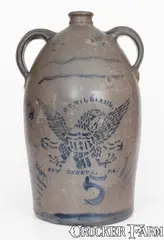 R. T. Williams, 5 Gal. R. T. WILLIAMS / NEW GENEVA, PA Double-Handled Stoneware Eagle Jug, circa 1880, Stoneware