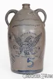 R. T. Williams, 5 Gal. R. T. WILLIAMS / NEW GENEVA, PA Double-Handled Stoneware Eagle Jug