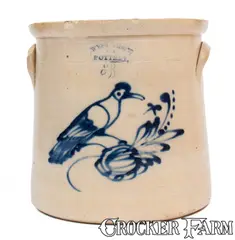 West Troy, 3 Gal. WEST TROY / NY / POTTERY Stoneware Crock w/ Bird Decoration, circa 1875, Stoneware
