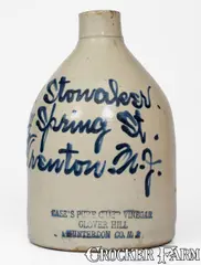 Trenton, NJ Advertising Jug: CASE'S PURE CIDER VINEGAR / CLOVER HILL / HUNTERDON CO, N. J. by Case's Pure Cider Vinegar, late 19th or early 20th century, Stoneware, sold Nov 2024