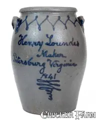 Very Rare "Henry Lowndes / Maker / Petersburg, Va / 1841" Stoneware Jar by Henry Lowndes, 1841, Stoneware, sold Nov 2024