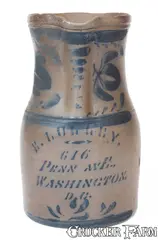Very Rare E. LULLEY. / 616 / PENN AVE. / WASHINGTON, / D.C. Stoneware Pitcher by Penn Ave, circa 1875, Stoneware, sold Nov 2024