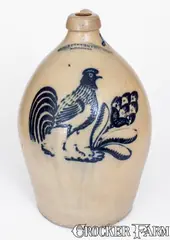 F. Stetzenmeyer, Exceedingly Rare F. STETZENMEYER / ROCHESTER, NY Stoneware Jug w/ Elaborate Rooster Decoration, circa 1855, Stoneware