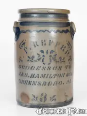 T.F. REPPERT / SUCCESSOR TO / JAS. HAMILTON & CO / GREENSBORO, PA Stoneware Jar by T.F. Reppert, circa 1875, Stoneware, sold Jul 2024