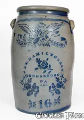 Jas. Hamilton & Co., Fine 16 Gal. JAS. HAMILTON & CO. / GREENSBORO, PA Stoneware Eagle Jar, circa 1870, Stoneware