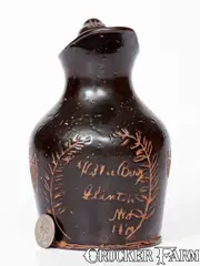 Willie Bray, Very Rare "Willie Bray / Clinton, MO / 1879" Stoneware Cream Pitcher w/ Incised Decorations, 1879, Stoneware