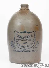T. F. REPPERT / SUCCESSOR TO / J. HAMILTON & CO. / GREENSBORO, PA Stoneware Jug by T.F. Reppert, circa 1880, Stoneware, sold Jul 2024