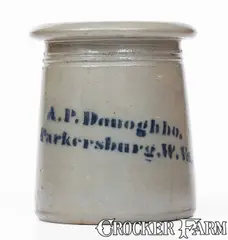 Scarce A.P. Donoghho / Parkersburg, WV Stoneware Canning Jar (Misspelled Name) by Misspelled Name, circa 1875, Stoneware, sold Jul 2024