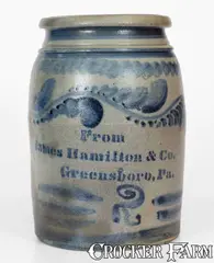 From, Fine Stoneware Jar w/ Elaborate Freehand Decoration, "From / James Hamilton / Greensboro, Pa.", circa 1870, Stoneware