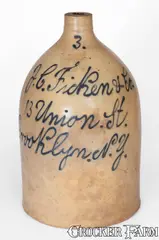 Union Pottery, 3 Gal. Brooklyn, NY Stoneware Script Advertising Jug, UNION POTTERY / NEWARK, NJ, circa 1880, Stoneware