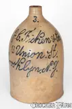 Union Pottery, 3 Gal. Brooklyn, NY Stoneware Script Advertising Jug, UNION POTTERY / NEWARK, NJ, circa 1880, Stoneware