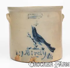 Rare Four-Gallon "Birdy" Crock w/ Cobalt Bird Decoration, SB BOSWORTH / HARTFORD, CT by Sb Bosworth, circa 1880, Stoneware, sold Jul 2024