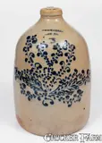 Wm E. Warner, Fine WM. E. WARNER / WEST TROY Stoneware Jug w/ Elaborate Slip-Trailed Foliate Decoration