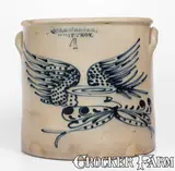 Wm E. Warner, Very Fine WM. E. WARNER / WEST TROY Stoneware Crock w/ Elaborate Flying Eagle Decoration