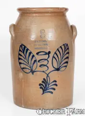 J.M. PRUDEN / ELIZABETH-NJ Stoneware Jar w/ Slip-Trailed Decoration by J.M. Pruden, circa 1875, Stoneware, sold Jul 2024