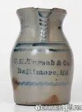 C. H. Torsch & Co, Rare C. H. TORSCH & CO / BALTIMORE Stoneware Advertising Pitcher by A. P. Donaghho, circa 1880, Stoneware