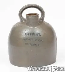 Scarce M. & J. DUFFY / 164 CATHEDRAL ST. / BALTIMORE Stoneware Liquor Jug by Cathedral St, circa 1875, Stoneware, sold Jul 2024